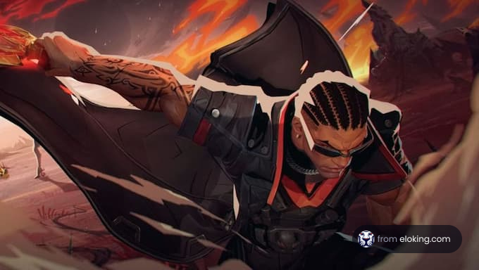 A dynamic warrior in action with intense flames in the background.