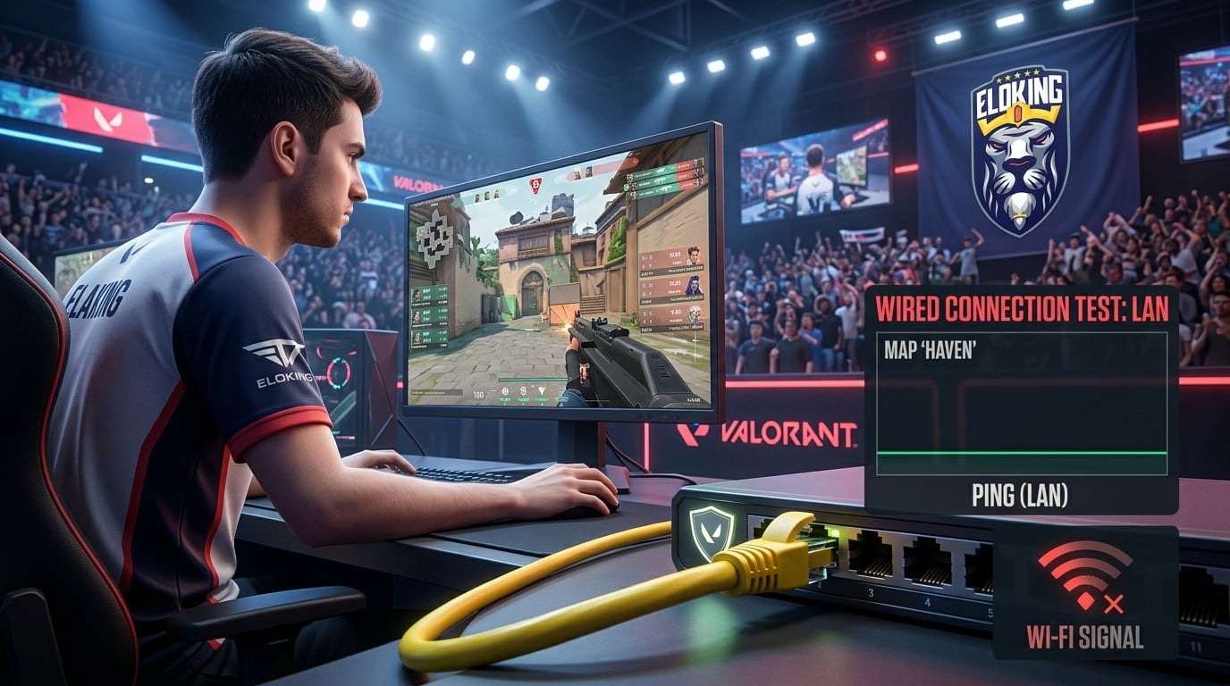 Joueur de VALORANT utilisant un c&acirc;ble Ethernet avec un HUD de ping stable