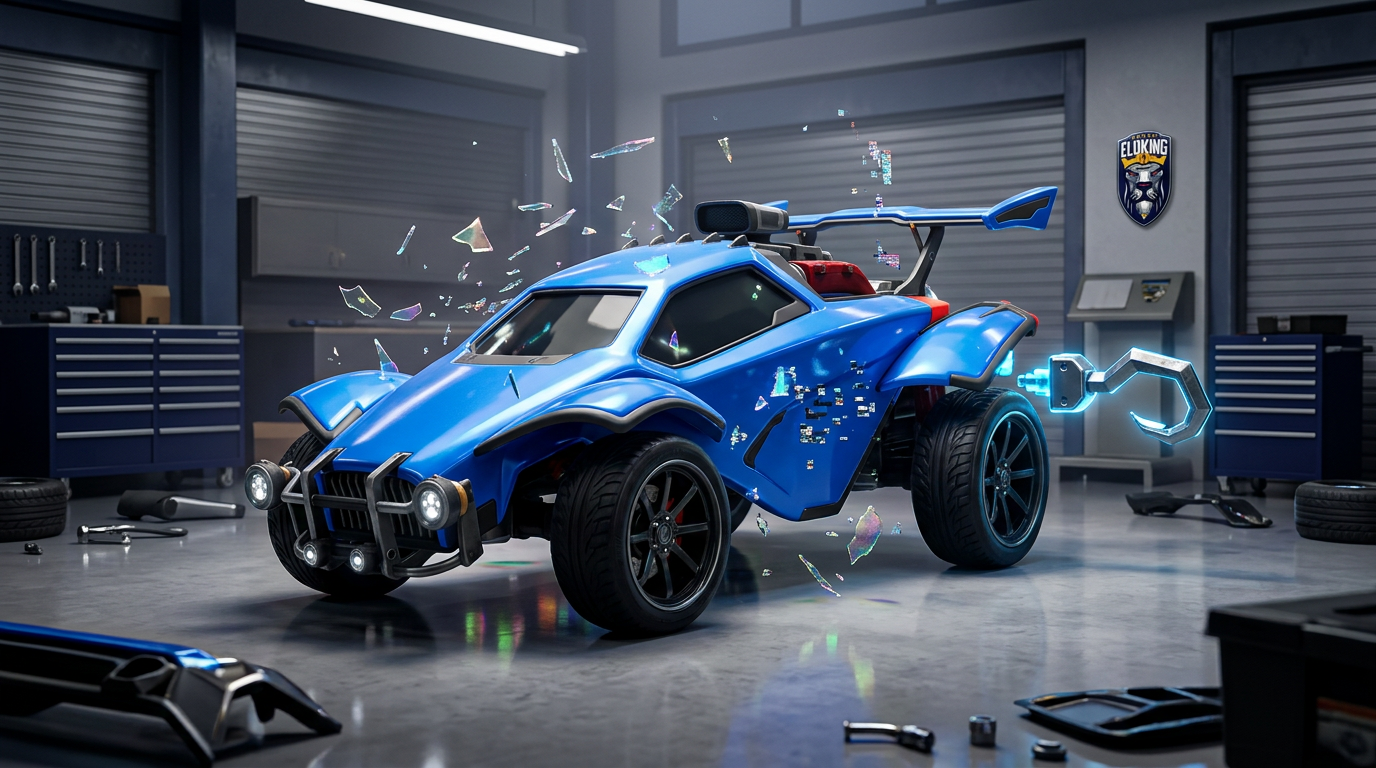 Rocket League car with broken overlay fragments and cache shards