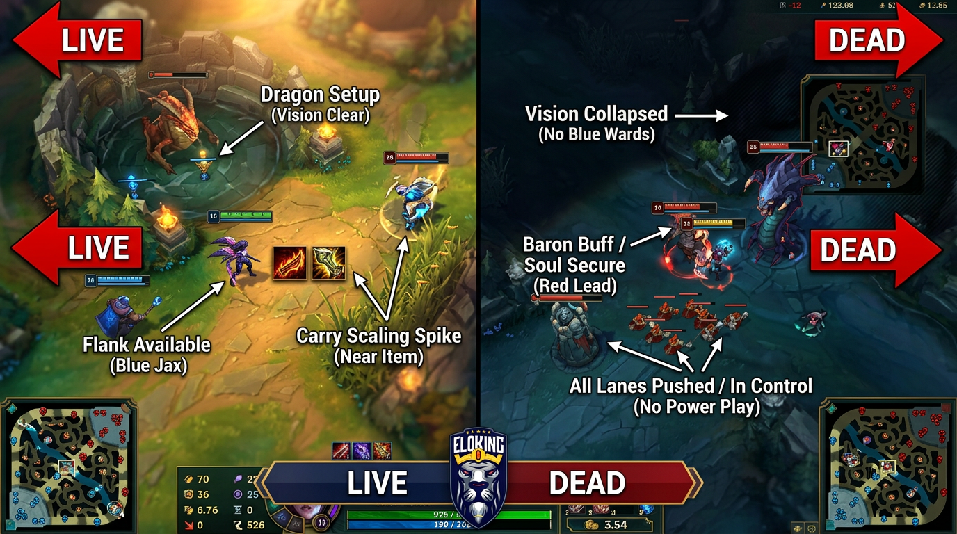 Split-Screen eines gewinnbaren Spiels im Vergleich zu einem verlorenen in League of Legends
