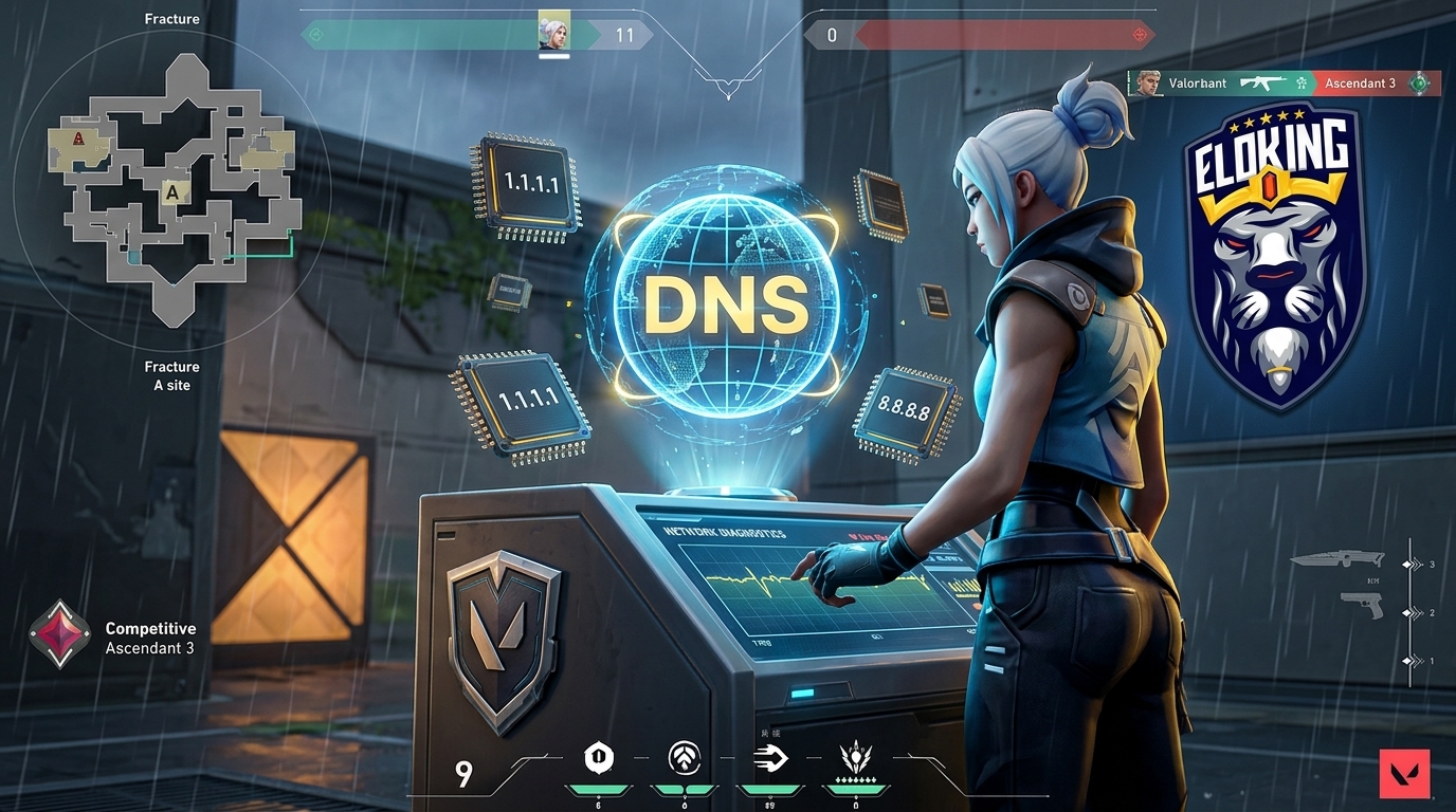 Sc&egrave;ne de diagnostic r&eacute;seau VALORANT avec des puces de r&eacute;solveurs DNS