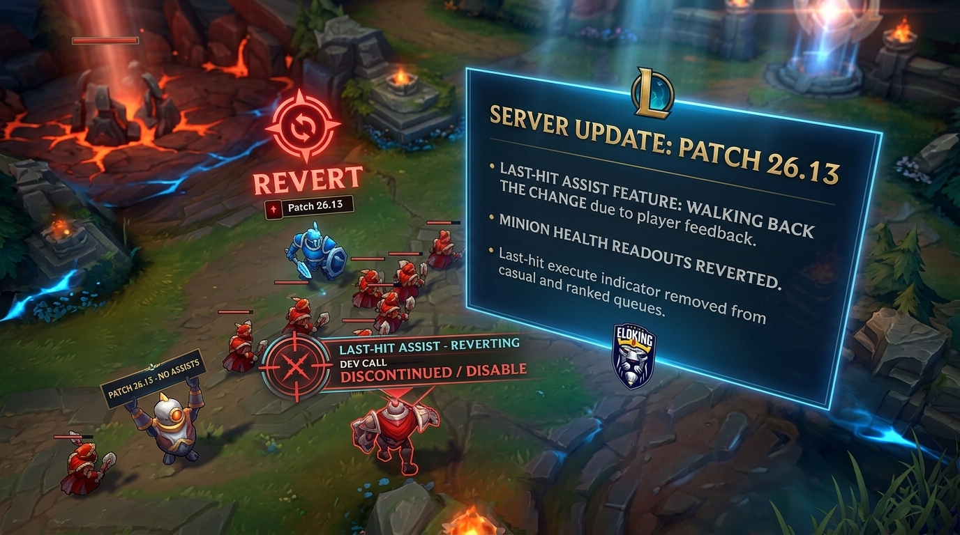 Patch 26.13 patch note panel beside a last-hit indicator UI