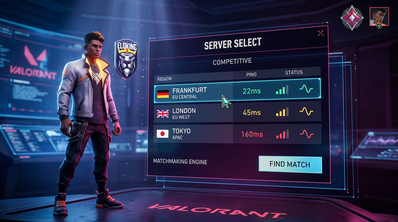 Panneau de s&eacute;lection de serveur VALORANT avec des choix de ping bas et &eacute;lev&eacute;