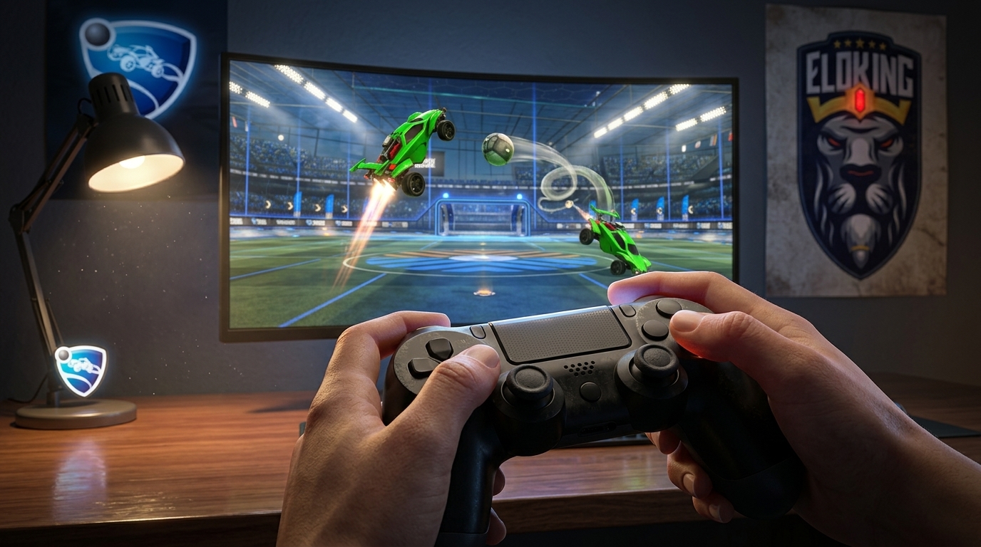 Hands on a controller with a Rocket League car in the background