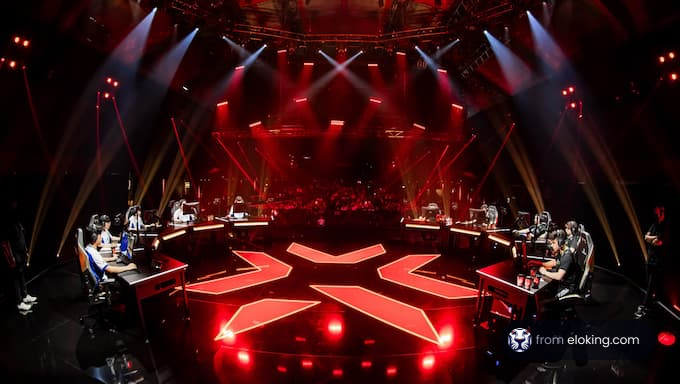 An exciting eSports gaming tournament setup with players and vibrant lights.