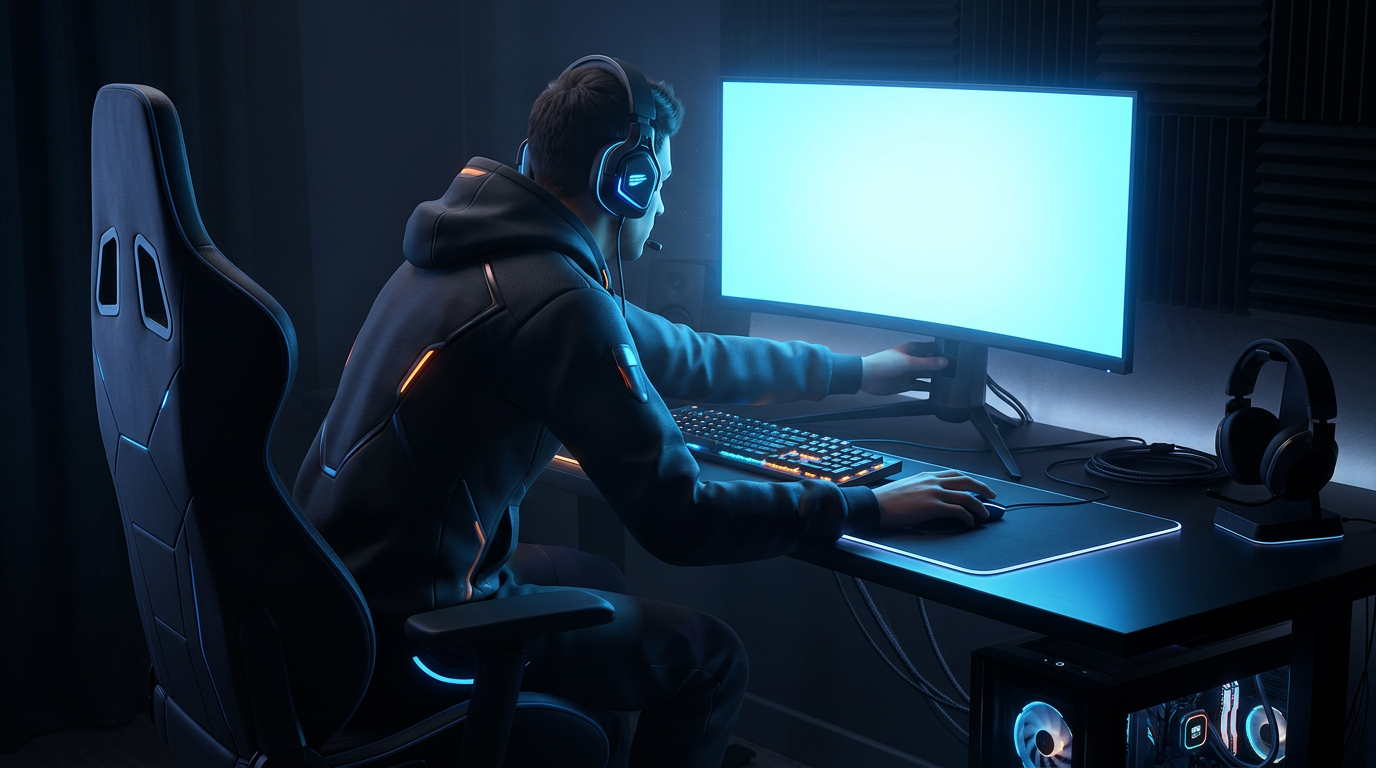 Fullscreen display setting shown through a gaming desk setup