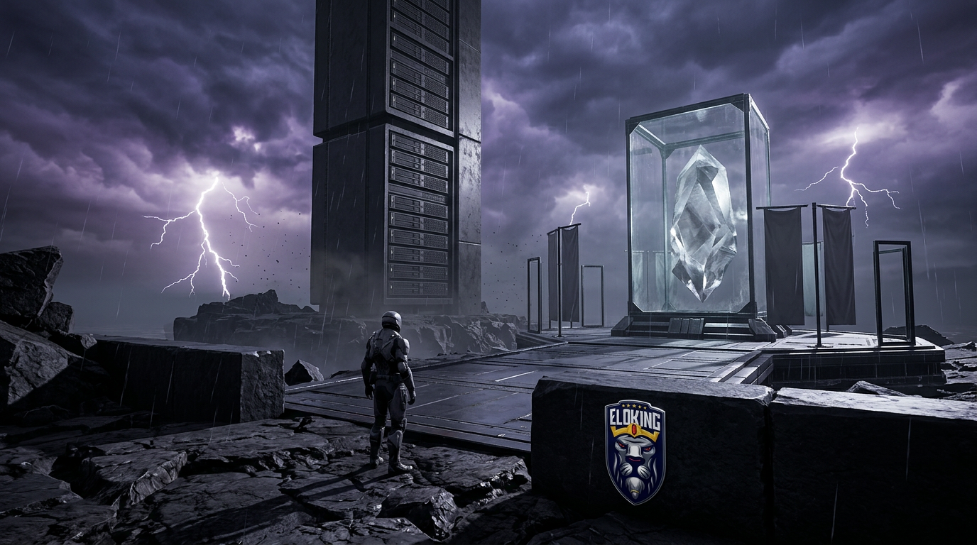 A server tower and locked crystal under stormy light