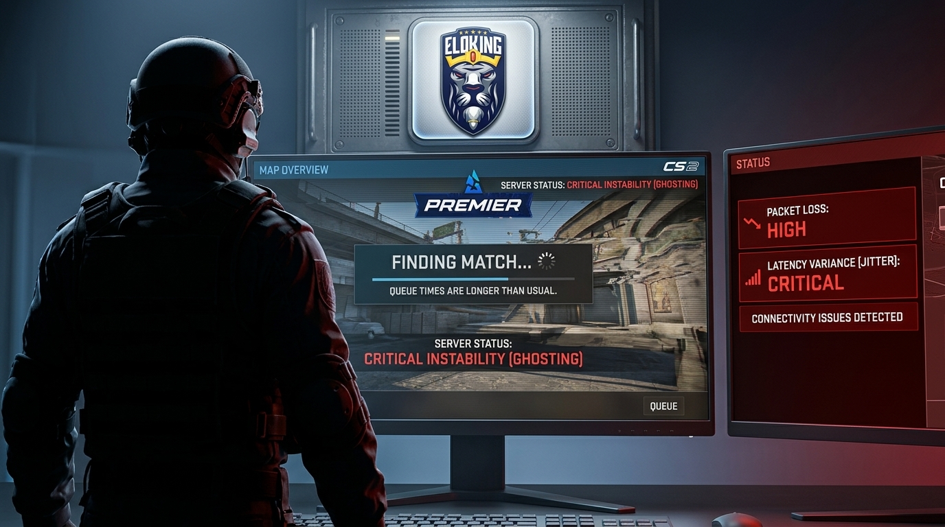 CS2 matchmaking screen with unstable server and queue status