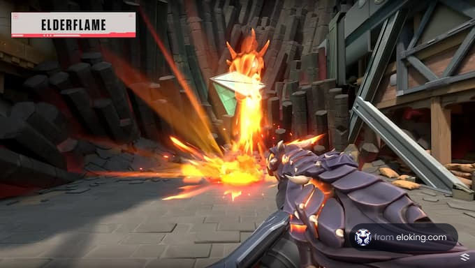 A character firing a weapon in a fiery environment.