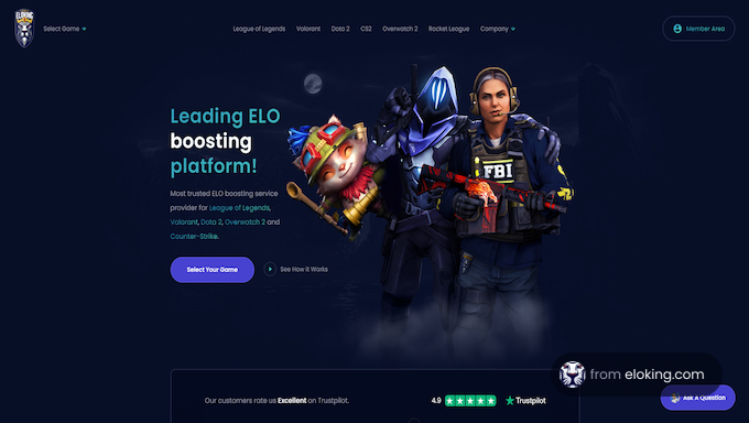 Promotional website page for a leading ELO boosting platform featuring digital illustrations of game characters