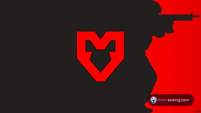 Silhouette of a soldier with a logo on a red and black background