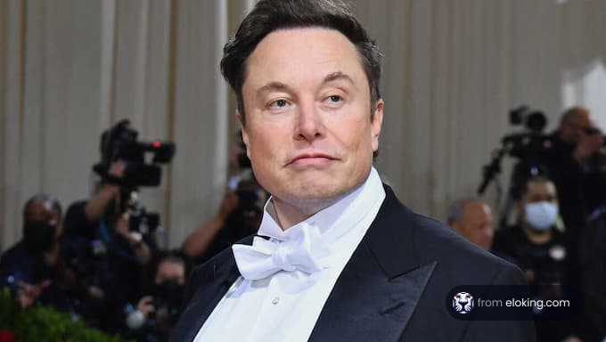 Elon Musk at a red carpet event wearing a tuxedo