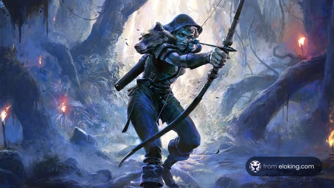 An elven archer poised to shoot in a mystical forest