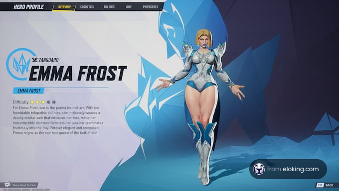 Emma Frost, a vanguard character, showcasing her abilities and elegance in battle.