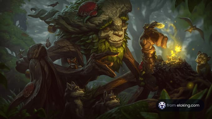 Enchanted forest guardian with glowing lantern surrounded by animals in a mythical setting