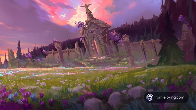 Enchanting fantasy landscape with colorful flowers and mystical structures