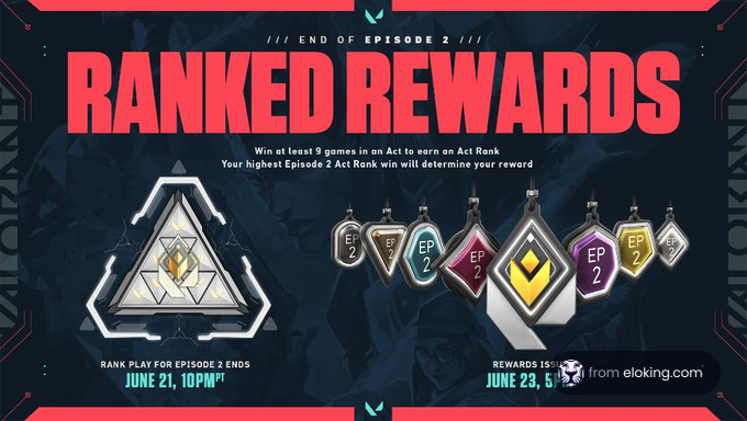 Promotional image for end of Episode 2 ranked rewards in a video game showing different act rank badges