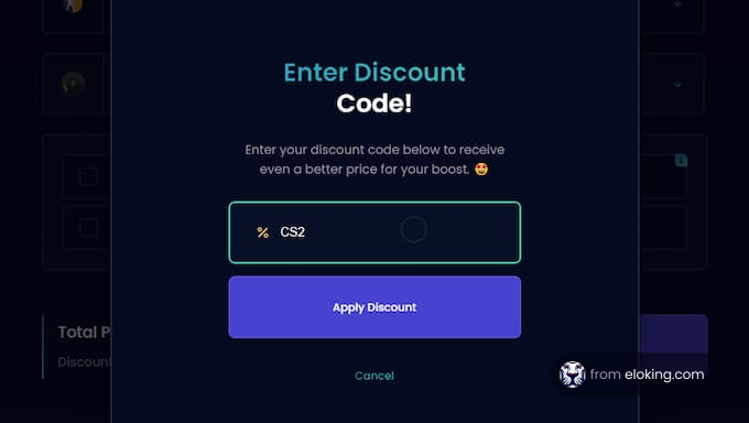 Screenshot of a discount code entry interface with a field labeled 'CS2' and buttons for applying and cancelling the discount.