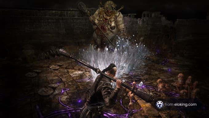 An intense battle scene with a character attacking a monstrous enemy.