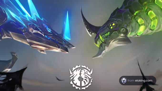 An epic clash between two futuristic dragons in the sky