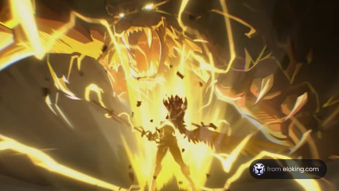 An epic battle between a hero and a monstrous creature.