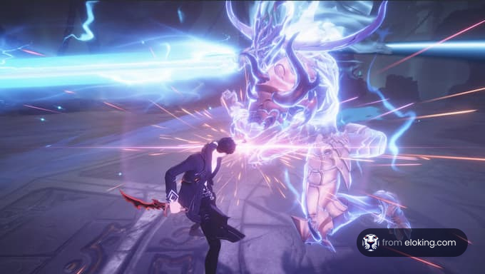 An intense battle scene in a fantasy game featuring a character fighting a powerful creature with energy blasts.