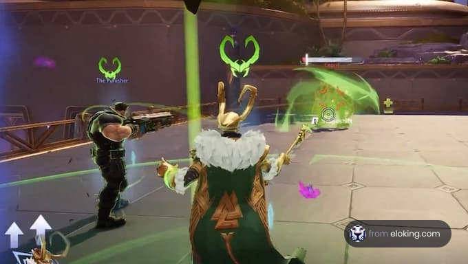 An intense battle scene in a video game with characters using powers.