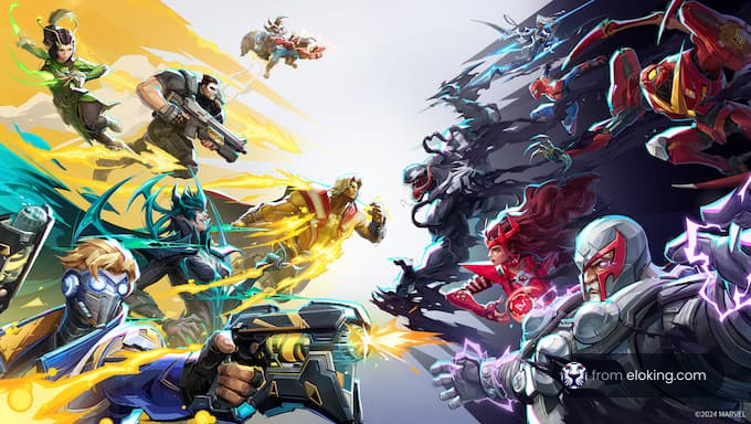 An epic battle between colorful characters with powers.
