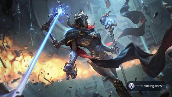 An epic battle mage wielding a magical staff in an intense scene.