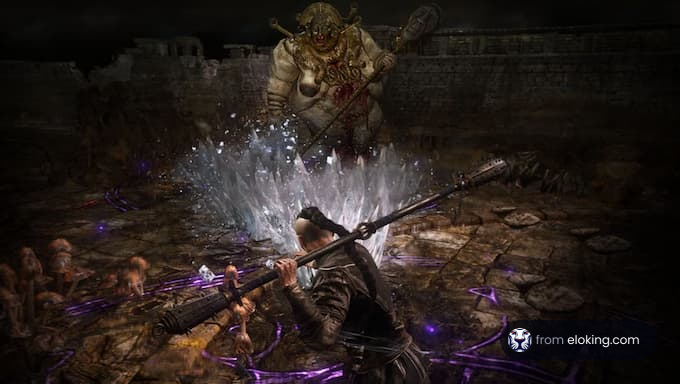 An epic battle against a monstrous creature in a dark fantasy game setting.