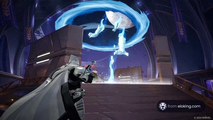 A hero confronting a mystical portal in an epic battle scene.