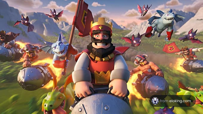 An exciting battle scene from a fantasy game featuring a king and mythical creatures.
