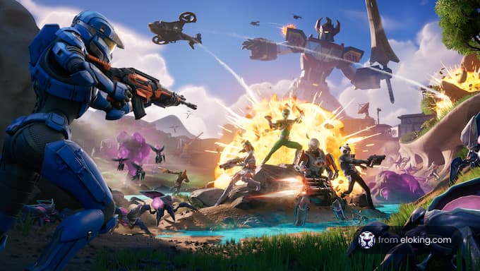 An epic battle scene with characters engaged in action