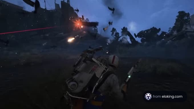 An epic battle scene with futuristic combat.