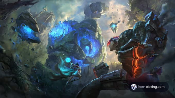 An epic battle scene from League of Legends featuring fantasy characters and magical elements.