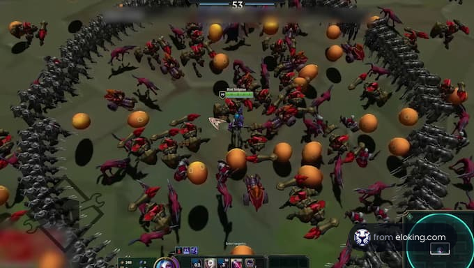 Epic battle scene in a strategy video game showing various creatures and warriors