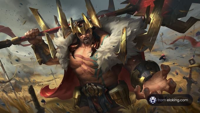 A powerful warrior in an epic battle scene.