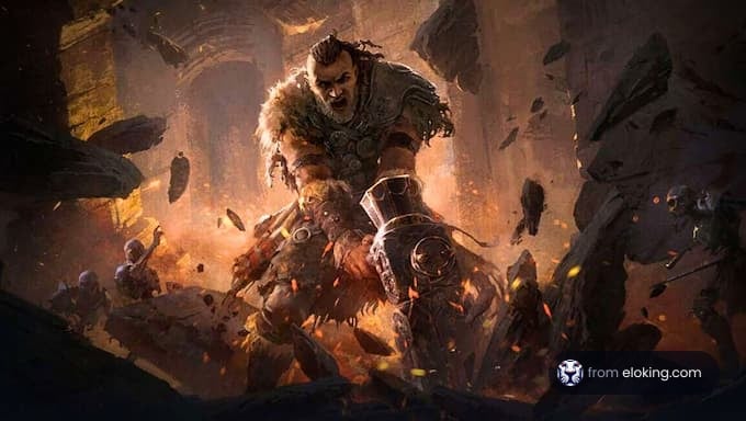 An epic scene of a warrior in battle with enemies in a fantasy setting.