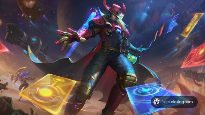 An epic character in a battle with magical cards