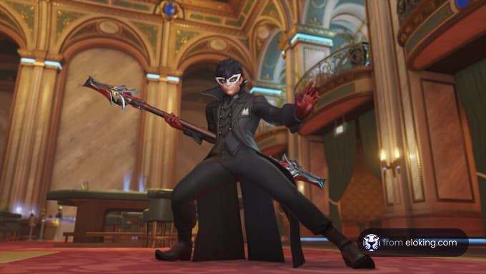 An epic character striking a pose with a weapon in a grand setting.