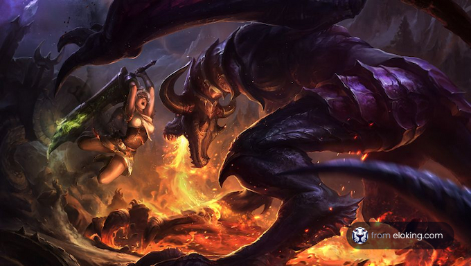 Epic fantasy artwork of a warrior battling a dragon by a fiery pit