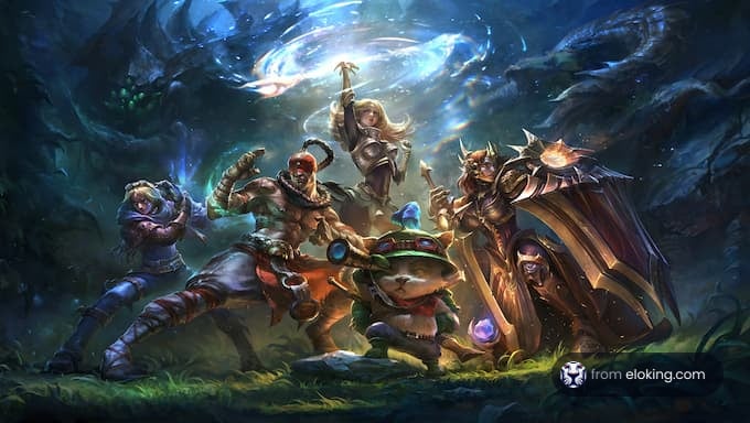 A group of fantasy heroes ready for battle in a mystical forest