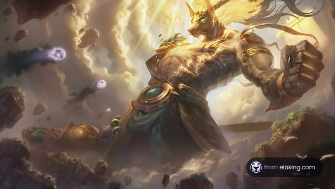 Mythical golden warrior fighting amidst stormy skies