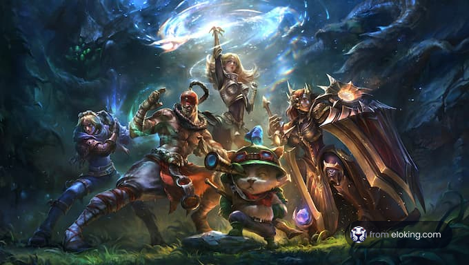 Dynamic fantasy artwork depicting a diverse group of warriors engaging in a mystical battle