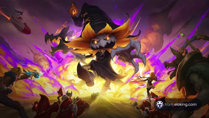 A dramatic scene of a sorcerer scarecrow in battle