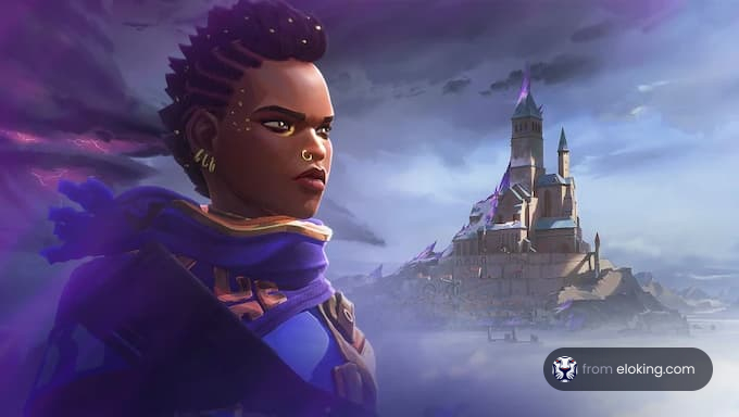A powerful fantasy character standing before a mystical castle.
