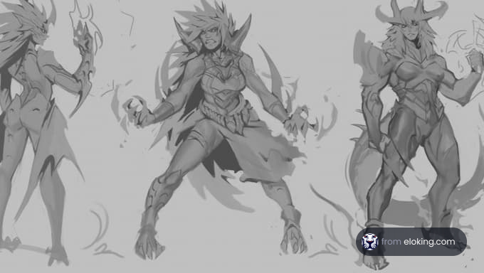 Concept art of epic fantasy characters featuring powerful warriors.