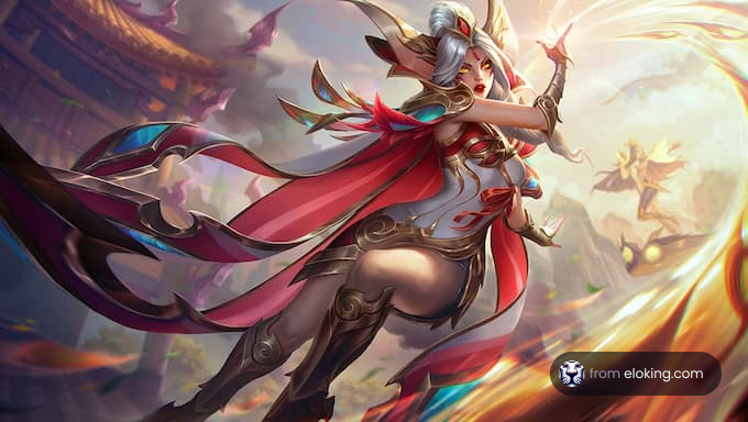 Fantasy female warrior with flowing red cape and ornate armor in a dynamic pose