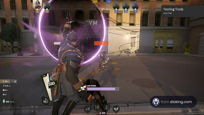 A character in an intense gaming battle during the last stand.