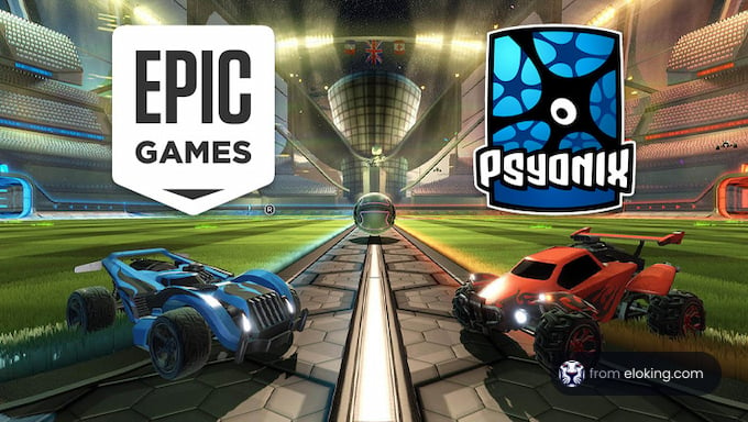 Epic Games and Psyonix logos with Rocket League cars facing off in an arena